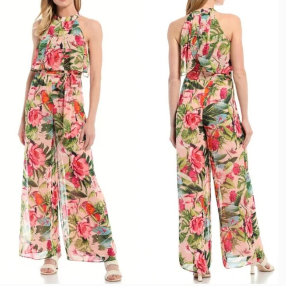 Eliza J Floral Chiffon Halter Neck Tiered Popover Belted Jumpsuit Womens Size 12
